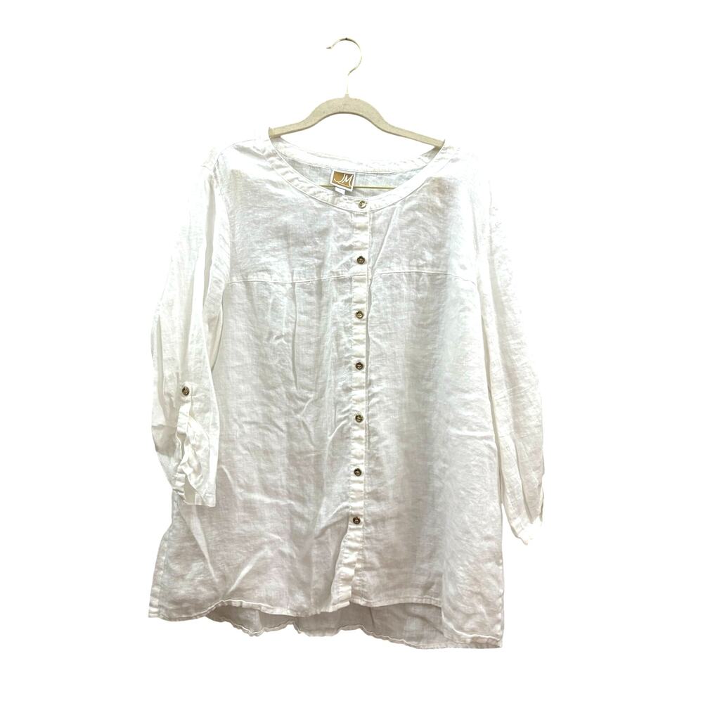 JM Collection White Linen Button-Down Tunic with gold buttons size 16